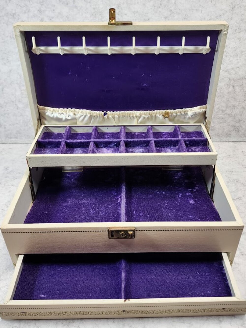 Vintage Ivory Purple Velvet 3 Tier Jewelry Box Organizer